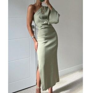Zara Khaki Asymmetric Linen Blend
Midi Dress